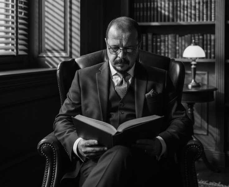 Retrato de Ronney Guimarães Belmont lendo um livro em sua biblioteca